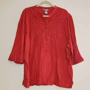 Liz & Me Red Embroidered Embelished 3/4 Sleeves Cotton Top Sz 3X Plus Sizes